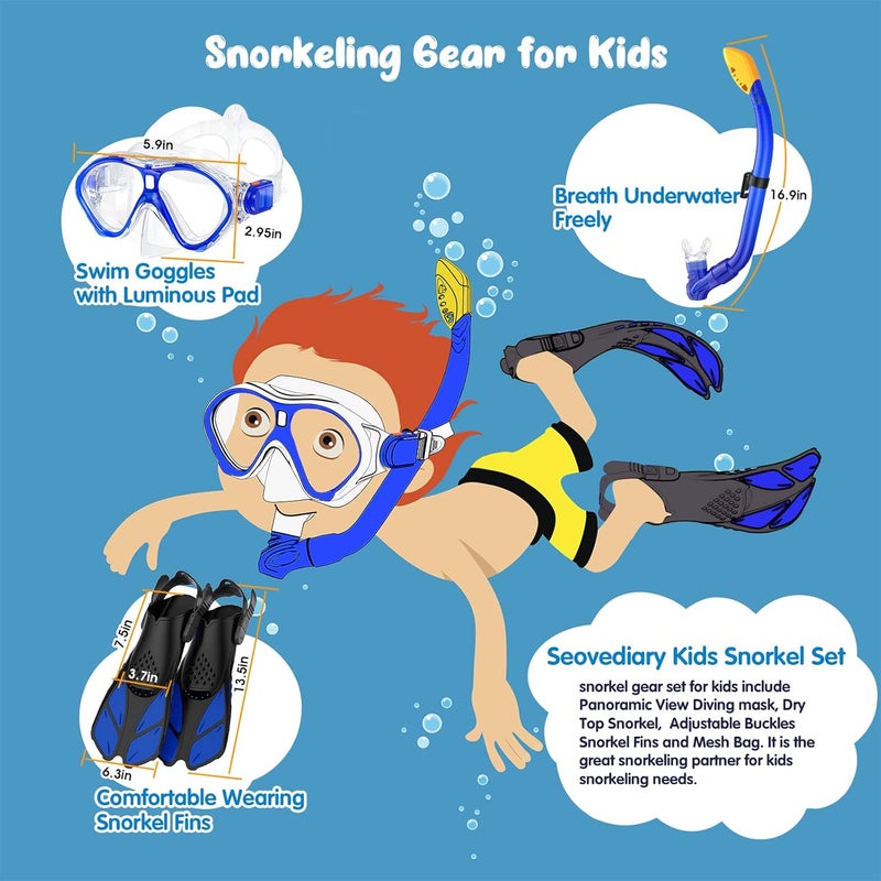 Seovediary Kids Snorkel Set, Mask Fins Snorkeling Gear for Kids Anti-Fog Swim Goggles 180 Panoramic View Dry Top Snorkel and Dive Flippers Combo with Travel Bag for Snorkeling Training Swimming Diving - Image 4